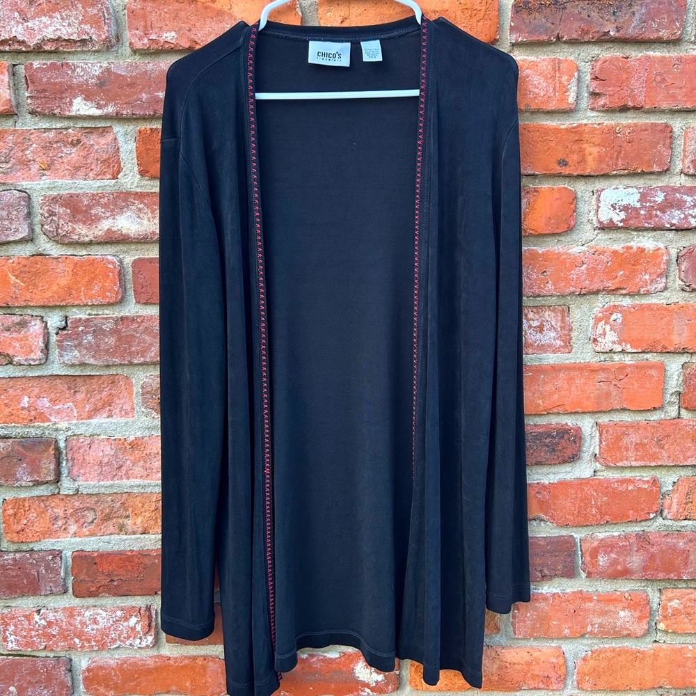 Chico's Travelers Black Red Stitch Open Front Cardigan Stretch Knit Top 0/S